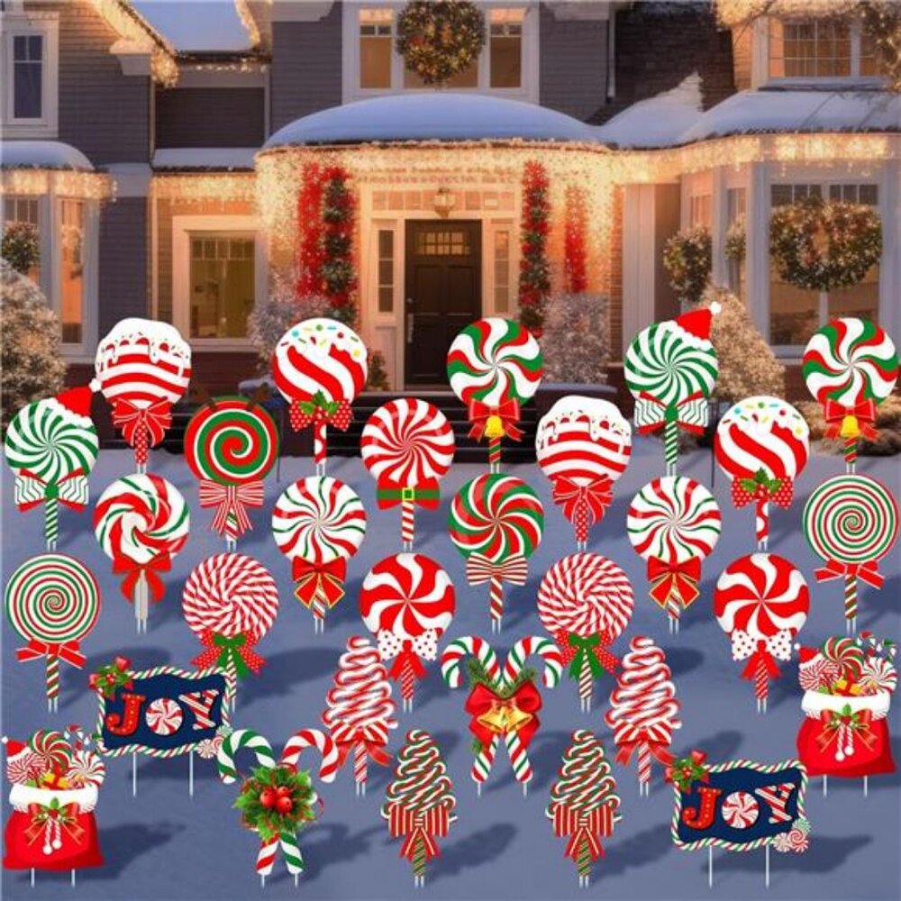 30 Pcs Christmas Candy Yard Signs with 60 Stakes 18 Shapes Colorful Candy Lawn
